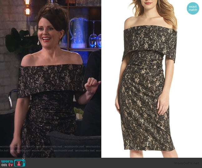Vince Camuto Off the Shoulder Lace Sheath Dress worn by Karen Walker (Megan Mullally) on Will and Grace