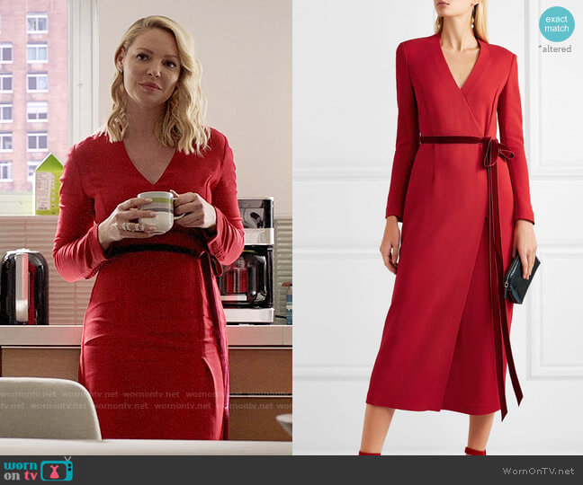 Adam Lippes Wrap-effect velvet-trimmed crepe midi dress worn by Samantha Wheeler (Katherine Heigl) on Suits