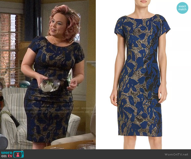 Adrianna Papell Metallic Jacquard Sheath Dress worn by Kristin Baxter (Amanda Fuller) on Last Man Standing