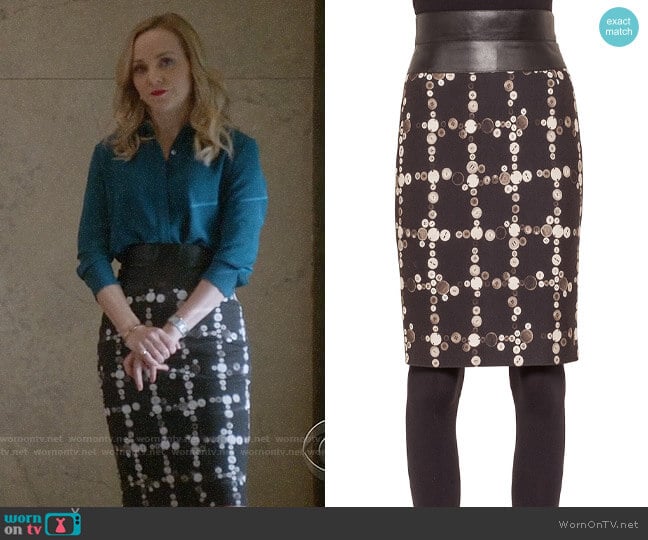 Akris Punto Faux-Leather High-Waist Button-Print Pencil Skirt worn by Marissa Morgan (Geneva Carr) on Bull