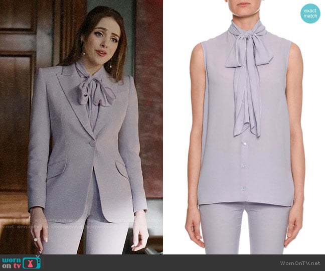 Alexander McQueen Sleeveless Bow-Neck Button-Front Blouse worn by Fallon Carrington (Elizabeth Gillies) on Dynasty