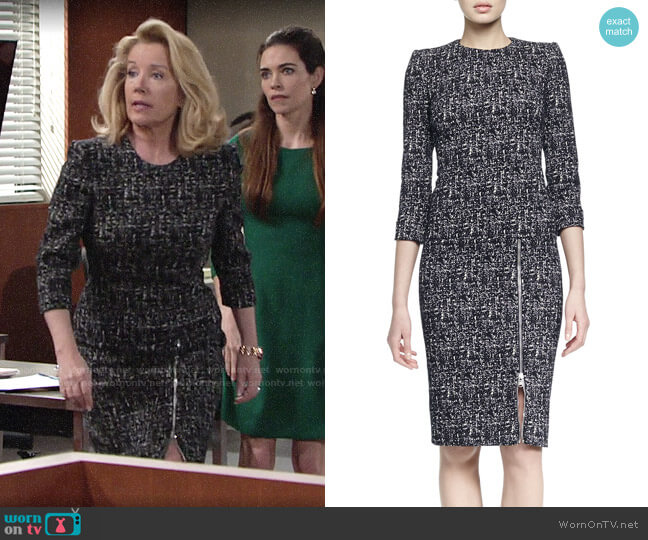 Alexander McQueen Zip-Hem Printed Sheath Dress worn by Nikki Reed Newman (Melody Thomas-Scott) on The Young and the Restless