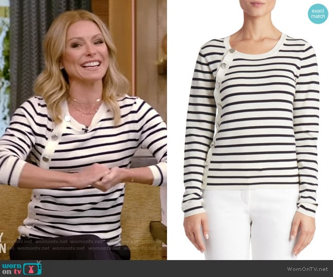 Altuzarra Stripe-Knit Button Sweater worn by Kelly Ripa on Live with Kelly and Mark