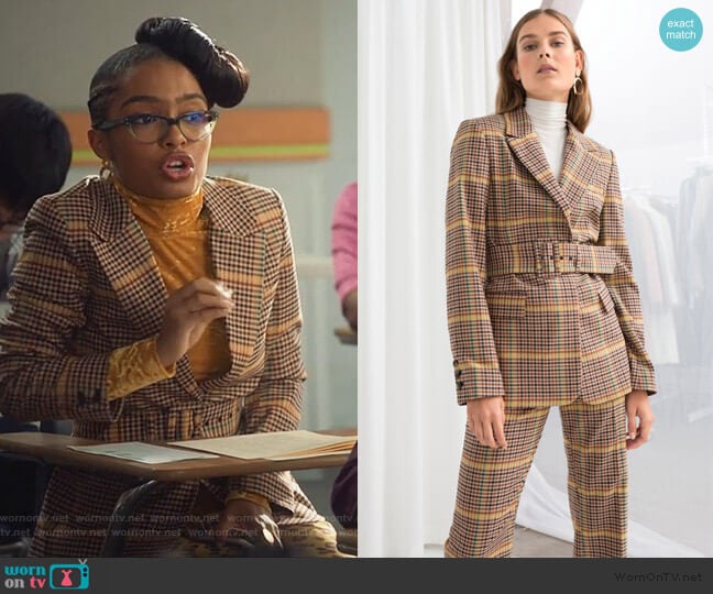 & Other Stories Belted Plaid Blazer worn by Zoey Johnson (Yara Shahidi) on Grown-ish