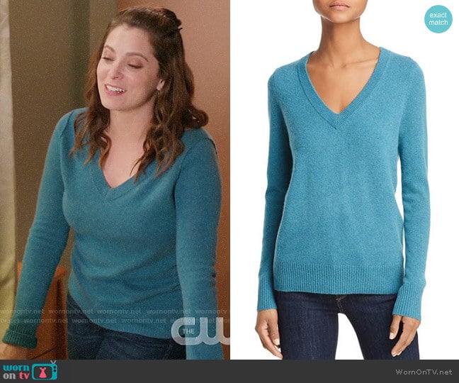 Aqua V-Neck Cashmere Sweater in Heather Teal worn by Rebecca Bunch (Rachel Bloom) on Crazy Ex-Girlfriend