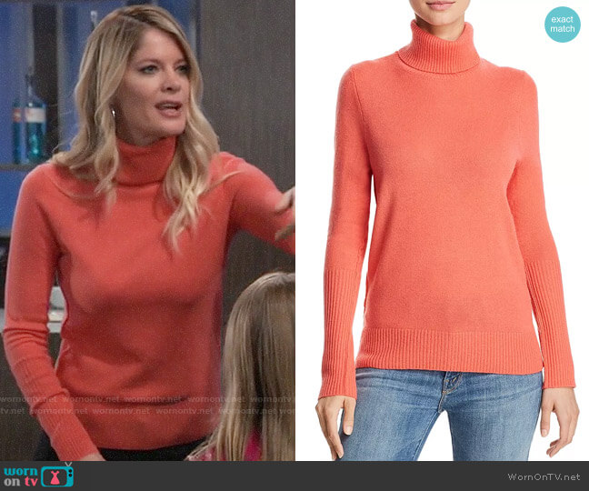 Aqua Cashmere Turtleneck Sweater in Clementine worn by Nina Reeves (Michelle Stafford) on General Hospital
