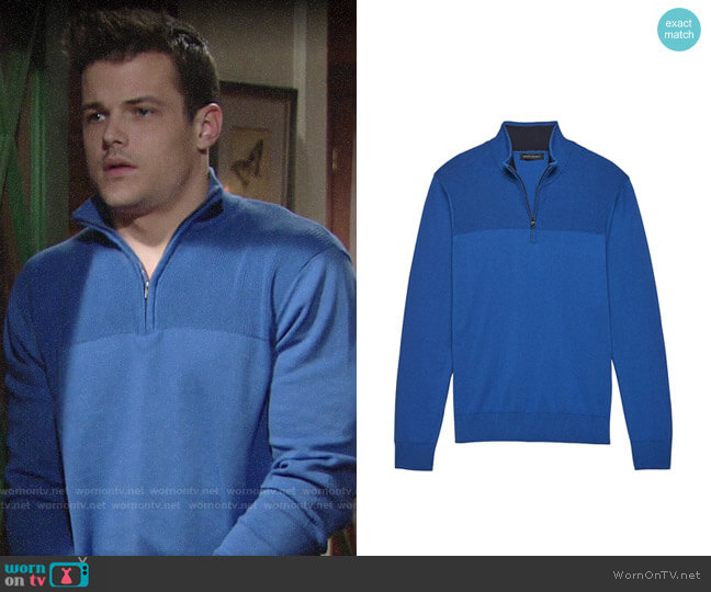 Banana Republic Cotton Cashmere Half-Zip Sweater in Mystic Blue worn by Kyle Abbott (Michael Mealor) on The Young and the Restless