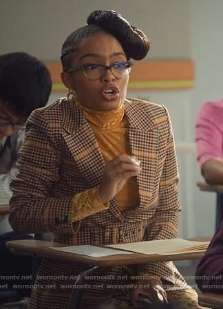 Zoey’s plaid belted blazer and velvet turtleneck top on Grown-ish
