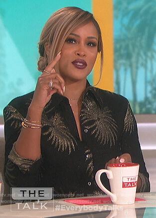 Eve’s black and gold fireworks print blouse and mini skirt on The Talk