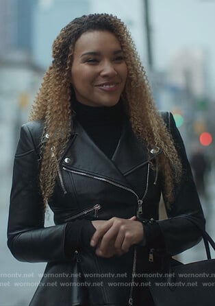 Allison’s black leather peplum jacket on The Umbrella Academy