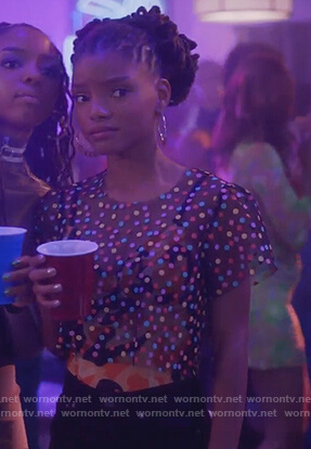 Skylar’s black mesh polka dot top on Grown-ish