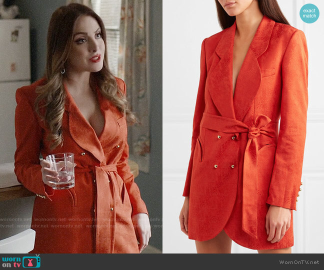 Blaze Milano Sunshine belted satin-jacquard mini dress worn by Fallon Carrington (Elizabeth Gillies) on Dynasty
