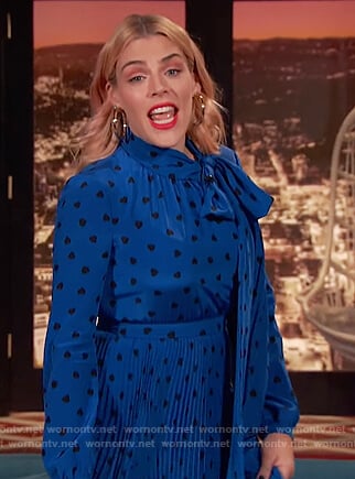 Busy’s blue heart print pleated dress on Busy Tonight
