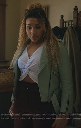Allison’s light blue leather moto jacket on The Umbrella Academy