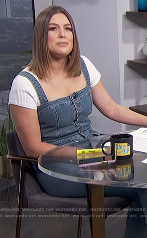 Carissa’s blue denim overalls on E! News Daily Pop
