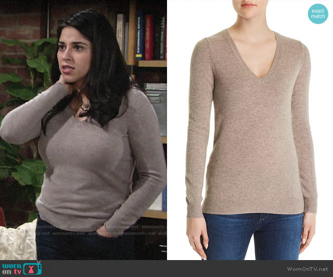 C by Bloomingdales V-Neck Cashmere Sweater in Sesame worn by Mia Rosales (Noemi Gonzalez) on The Young and the Restless