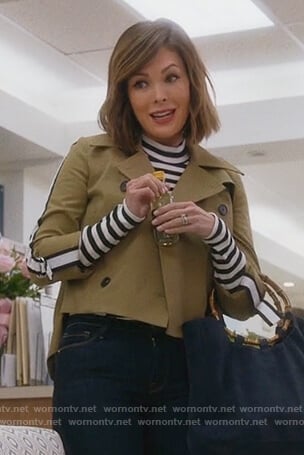 Camille’s khaki cropped jacket and striped top on Splitting Up Together