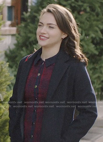 Cara’s red and navy button front dress on God Friended Me
