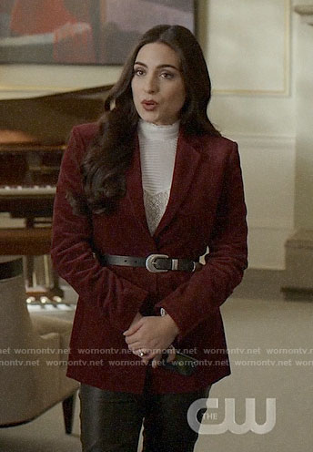 Cristal’s red velvet blazer and white lace top on Dynasty