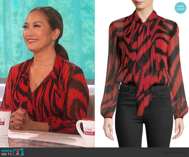Diane von Furstenberg Sam Animal-Print Tie-Neck Silk Top worn by Carrie Inaba on The Talk