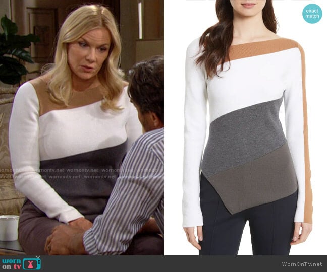 Diane von Furstenberg Colorblock Asymmetrical Top worn by Brooke Logan (Katherine Kelly Lang) on The Bold and the Beautiful
