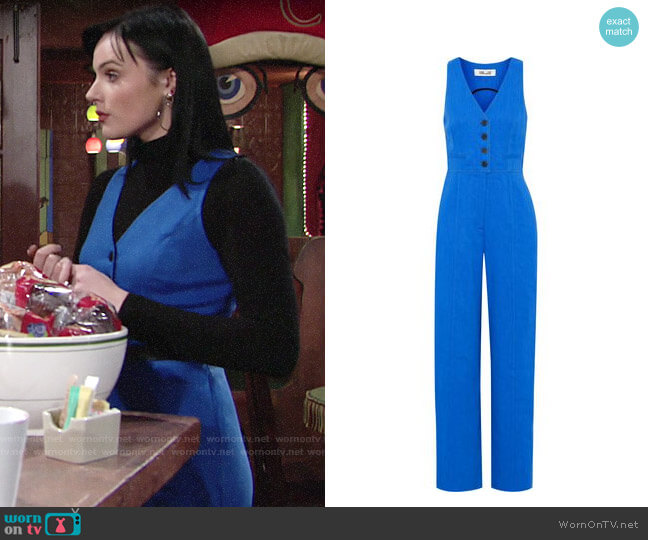 Diane von Furstenberg Sleeveless Button-Up Fitted Linen Jumpsuit worn by Tessa Porter (Cait Fairbanks) on The Young and the Restless