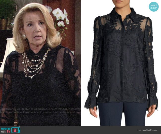 Elie Tahari Jayda Blouse in Stargazer worn by Nikki Reed Newman (Melody Thomas-Scott) on The Young and the Restless