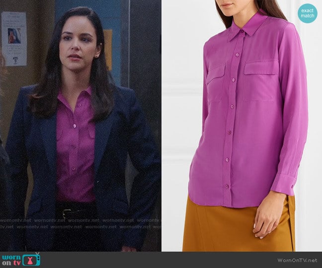 Equipment Slim Signature Silk Shirt in Vivid Violet worn by Amy Santiago (Melissa Fumero) on Brooklyn Nine-Nine