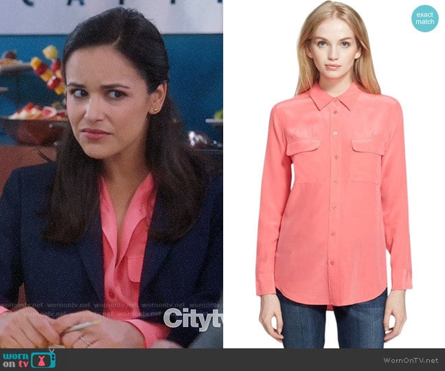 Equipment Slim Signature Silk Shirt in Watermelon worn by Amy Santiago (Melissa Fumero) on Brooklyn Nine-Nine