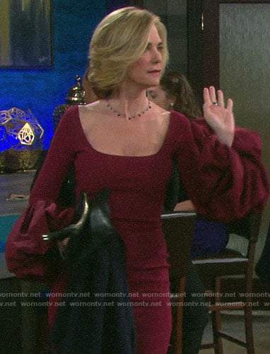 Eve’s burgundy puff-sleeve dress on Days of our Lives