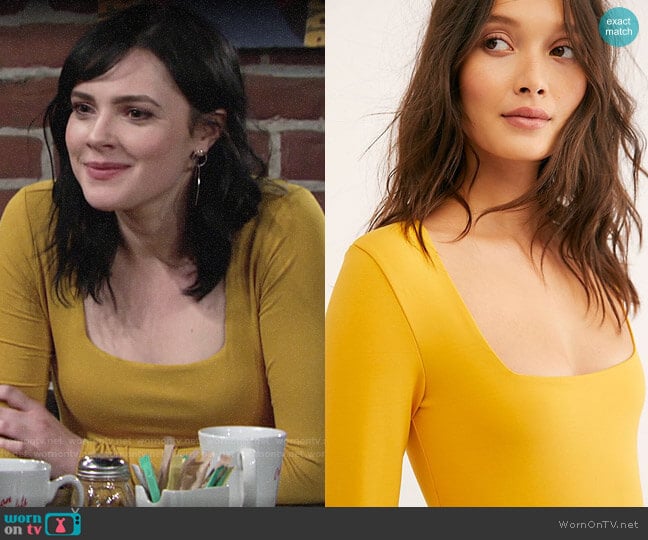 Free People Truth Or Square Bodysuit in Mustard worn by Tessa Porter (Cait Fairbanks) on The Young and the Restless