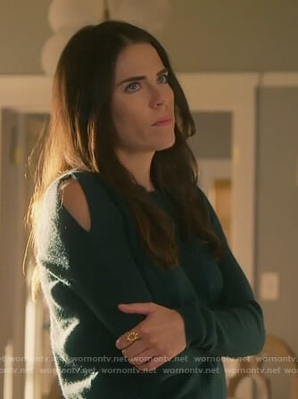 Laurel’s green shoulder cutout sweater on How to Get Away with Murder
