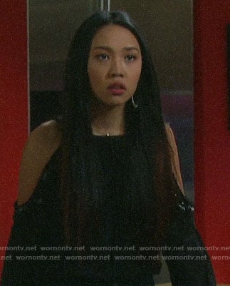 Haley’s black beaded cold-shoulder blouse on Days of our Lives