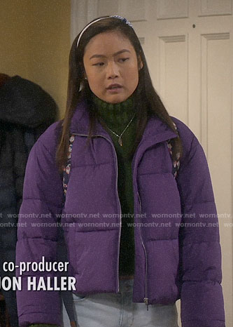 Jen’s purple puffer jacket on Last Man Standing