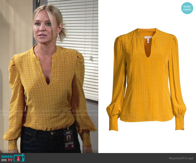 Joie Korina Blouse in Dusty Gold worn by Sharon Newman (Sharon Case) on The Young and the Restless
