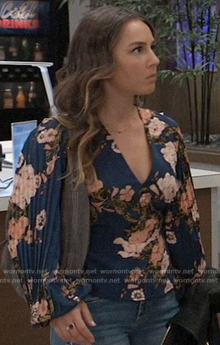 Kristina’s blue floral top with pleated sleeves on General Hospital