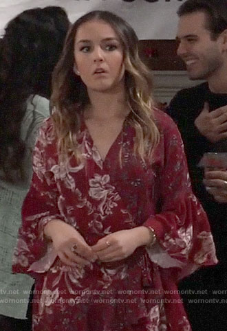 Kristina’s red floral bell-sleeve wrap dress on General Hospital
