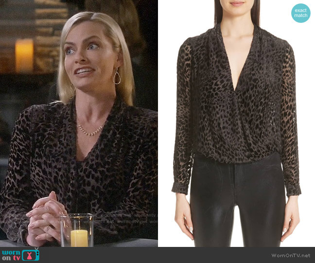 L'Agence Lydia Drape Front Burnout Velvet Blouse worn by Jill Kendall (Jaime Pressly) on Mom