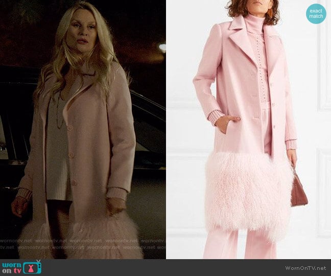 Lela Rose Shearling-Trimmed Wool Coat worn by Alexis Carrington (Elaine Hendrix) on Dynasty