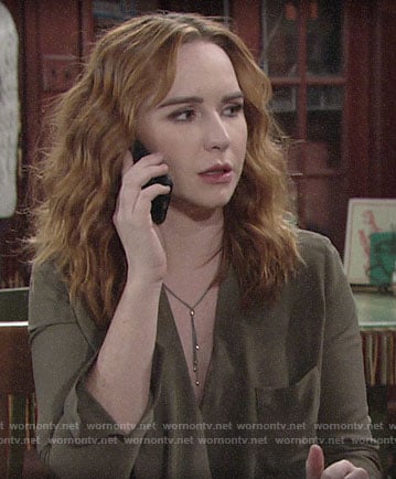 Mariah’s olive green wrap blouse on The Young and the Restless