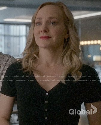 Marissa’s black button front top and checked pants on Bull