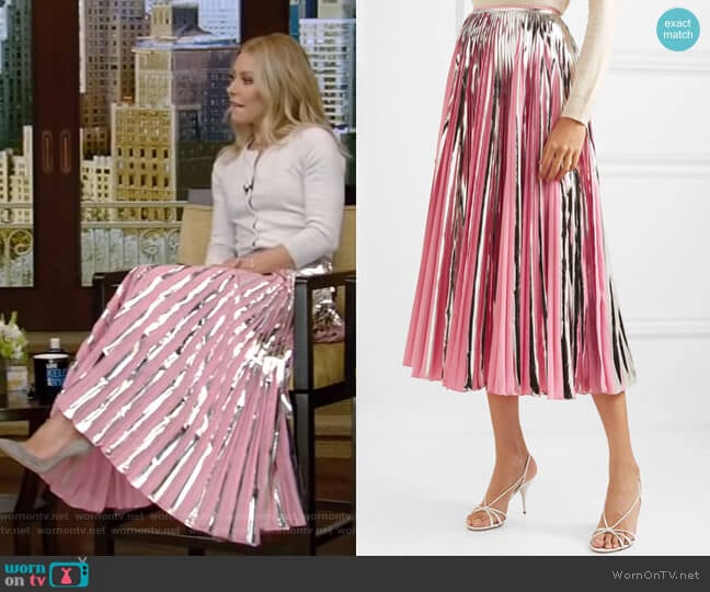 Marni Pleated Metallic Midi Skirt worn by Kelly Ripa on Live with Kelly and Mark