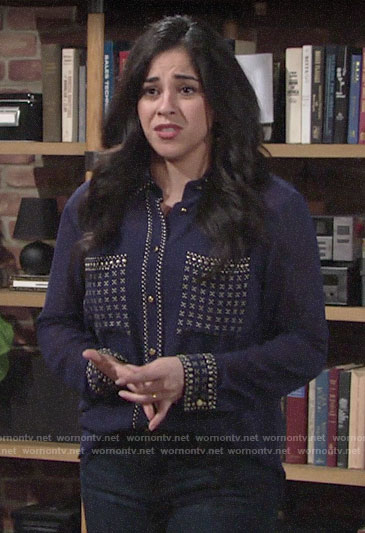 Mia’s navy blue studded button down blouse on The Young and the Restless