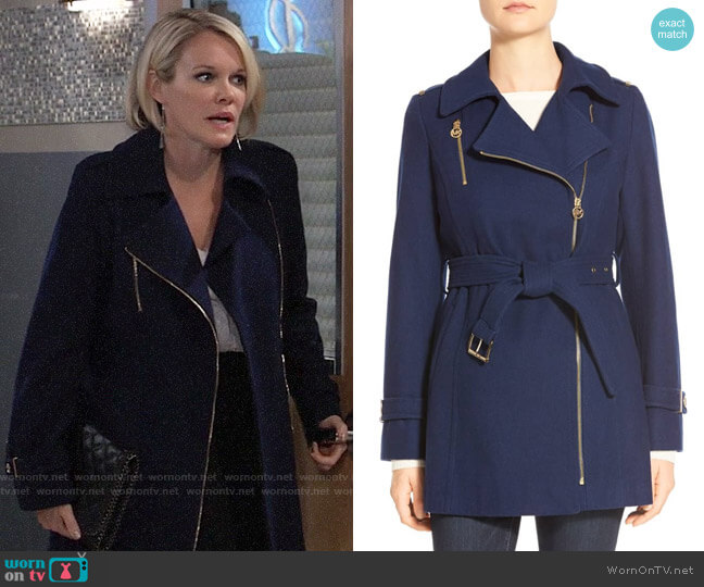 MICHAEL Michael Kors Belted Asymmetrical Zip Wool Blend Coat worn by Ava Jerome (Maura West) on General Hospital