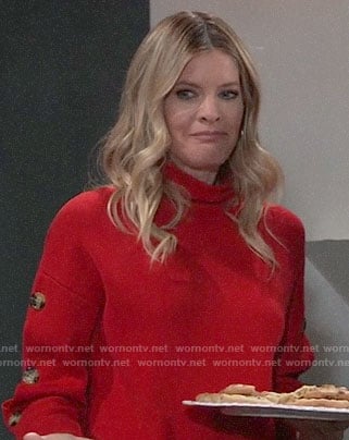 Nina’s red buttoned sleeve sweater on General Hospital