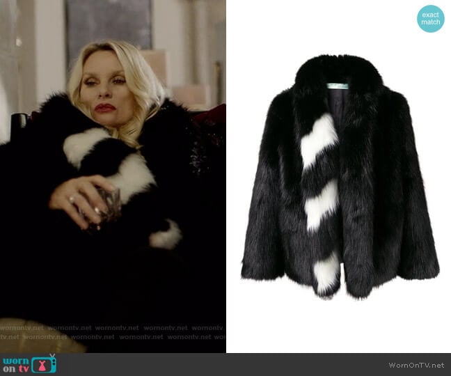 Off White Striped Collar Fur Jacket worn by Alexis Carrington (Elaine Hendrix) on Dynasty