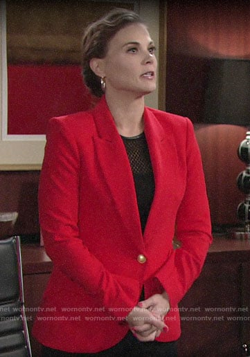 Phyllis’s red blazer and two-tone hoop earrings on The Young and the Restless