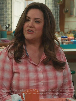Katie’s pink checked shirt on American Housewife