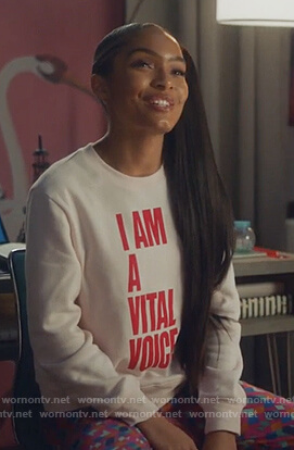 Zoey’s pink I Am A Vital Voice sweatshirt on Grown-ish