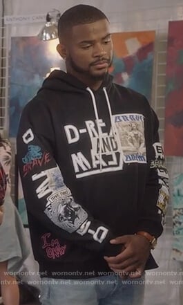 Aaron’s black print hoodie on Grown-ish